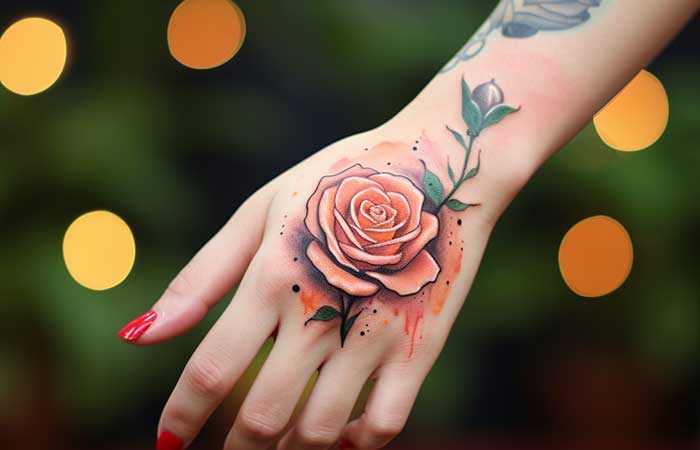 A classic watercolor hand tattoo of an orange rose