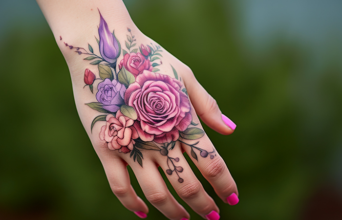 A colorful bouquet of roses tattooed on the back of the hand