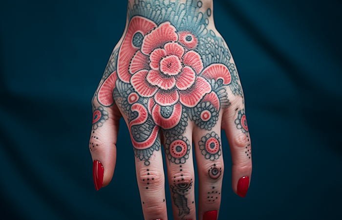 A coral rose and tentacles tattooed on the back of the hand