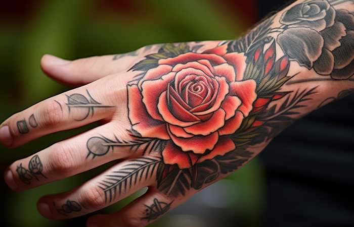 A coral rose hand tattoo with tropical leaves