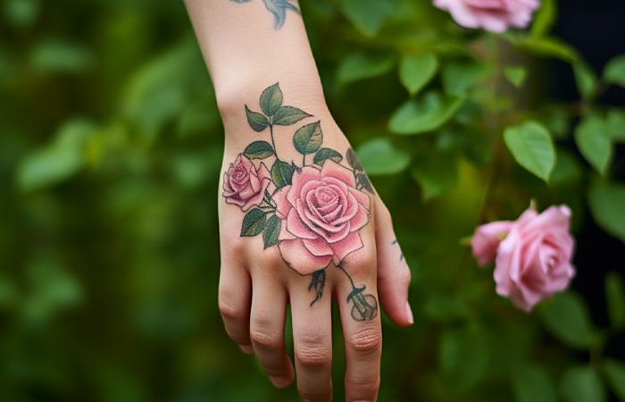A delicate pink garden rose hand tattoo