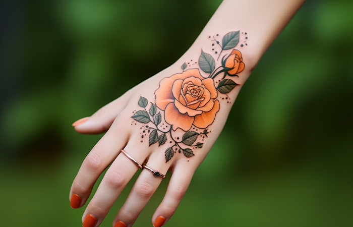 A fine line orange rose hand tattoo