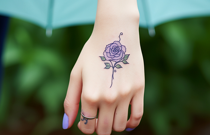 A fine line purple rose tattoo on the back of the hand