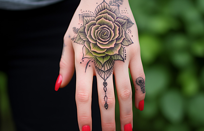 A green rose mandala tattoo on the back of the hand