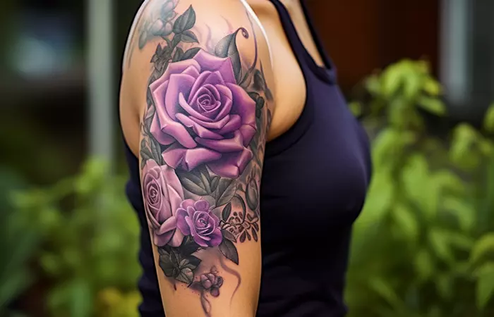 A half-sleeve rose tattoo on the upper arm