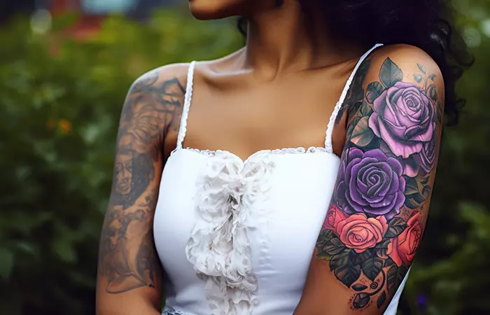 A half-sleeve tattoo featuring purple and pink roses