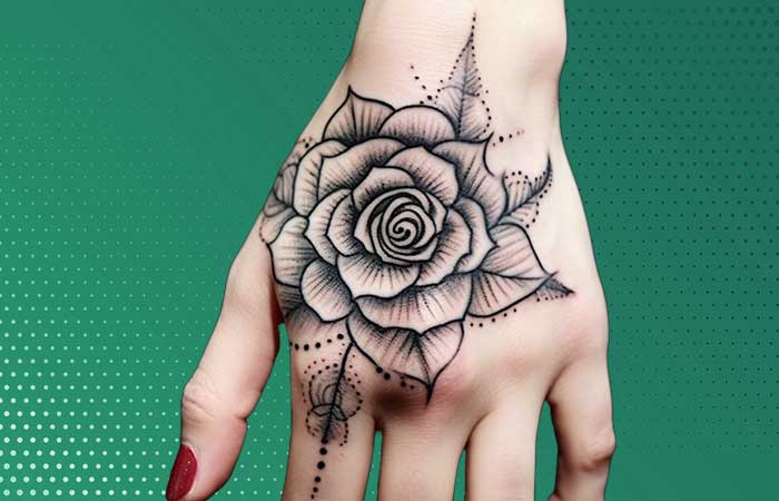 A henna-style rose outline tattoo on the back of the hand