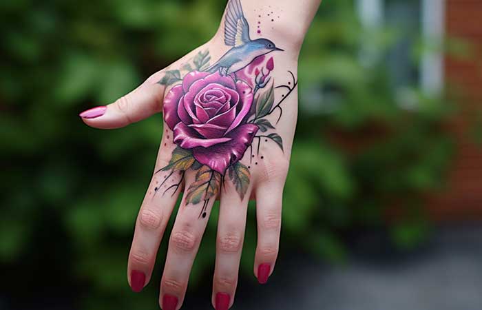A magenta rose and hummingbird tattooed on the back of the hand