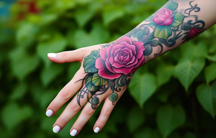 A magenta rose hand tattoo with rich foliage