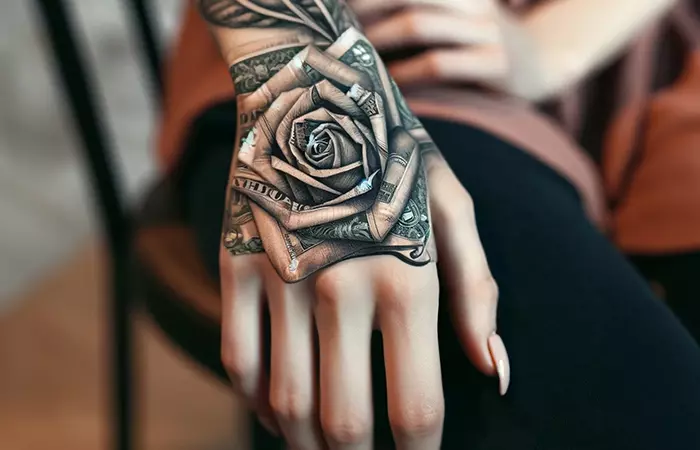 A money rose tattoo on a feminine hand