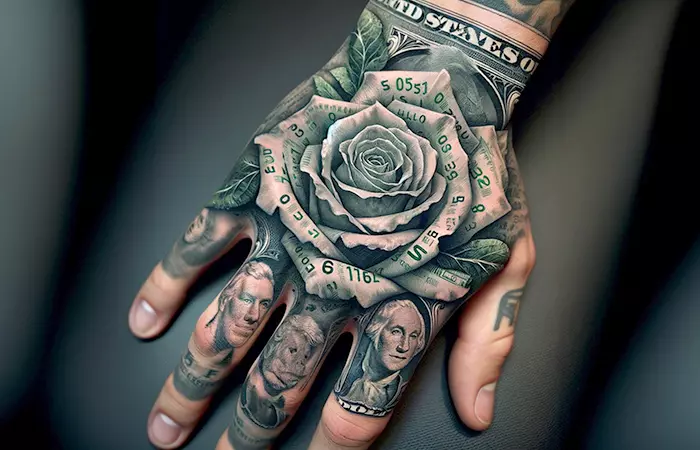 A money rose tattoo on a masculine hand