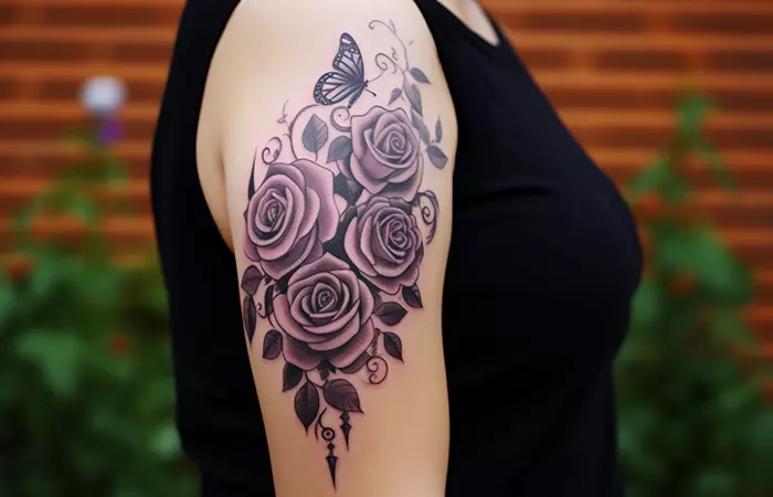 A muted monotone butterfly and purple rose tattoo