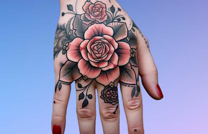 A muted red roses tattoo on the back of the hand