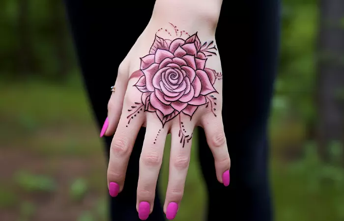 A nude pink mandala hand tattoo