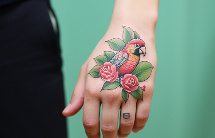 A parrot and rose hand tattoo