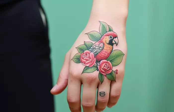 A parrot and rose hand tattoo