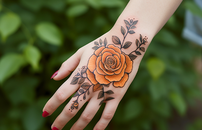 A pencil-style orange rose hand tattoo