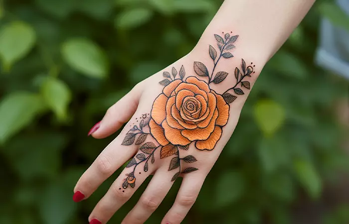 A pencil-style orange rose hand tattoo