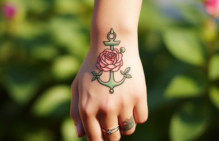 A pink rose and anchor tattoo on the back of the hand