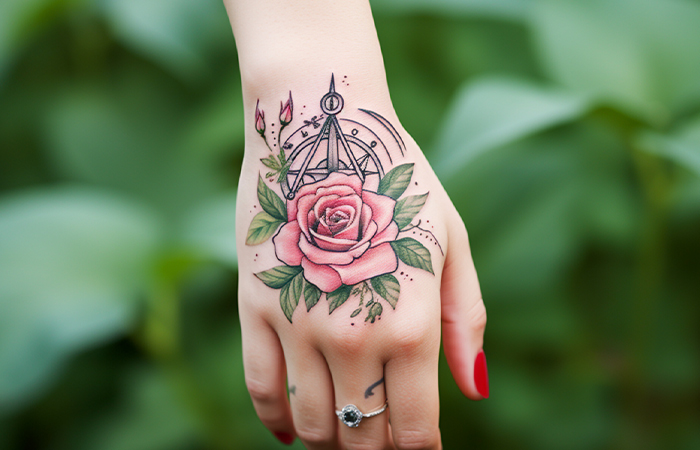 A pink rose and compass tattoo on the back of the hand