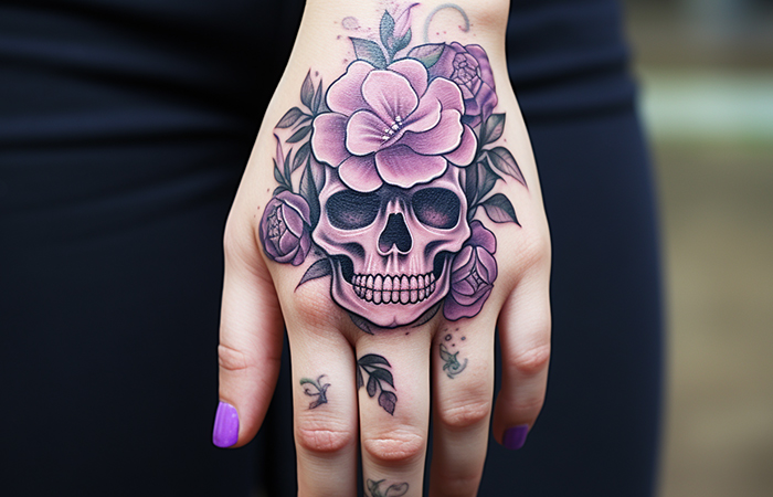 A purple rose and skull tattoo on the back of the hand