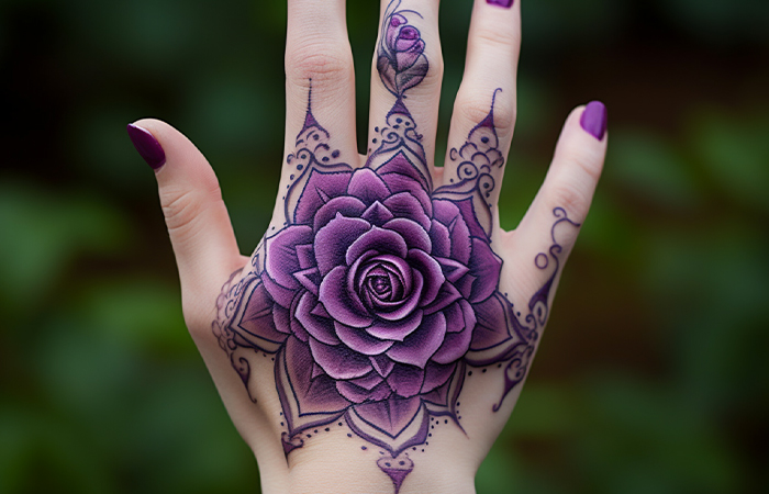 A purple rose mandala tattoo on the back of the hand