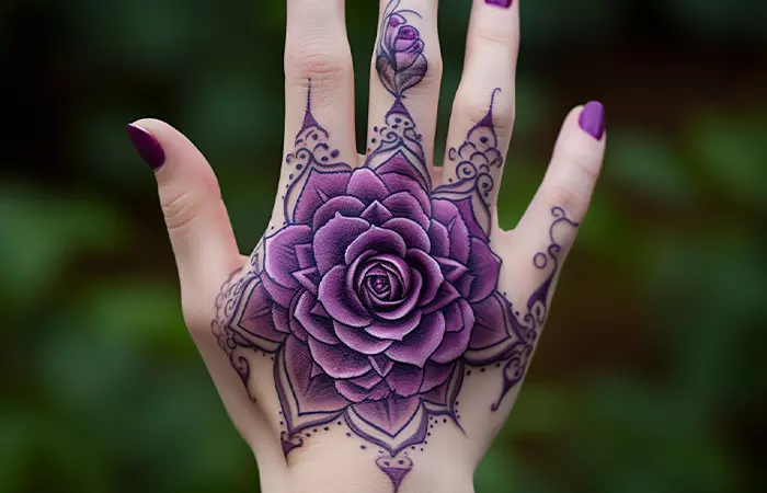 A purple rose mandala tattoo on the back of the hand