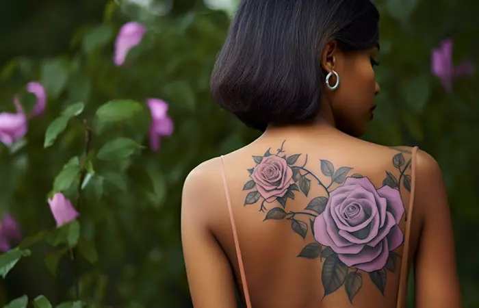 A purple rose mural tattoo on the shoulder blade