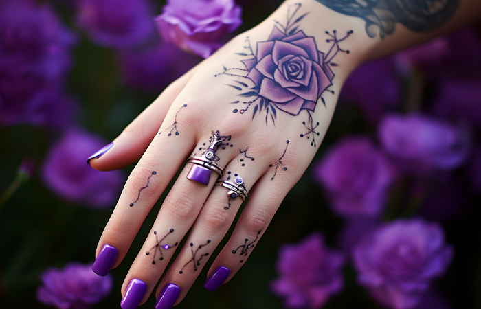 A purple rose paired with artistic constellation tattooed on the back of the hand