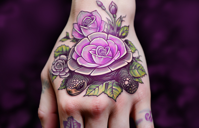 A purple rose tortoise tattoo on the back of the hand