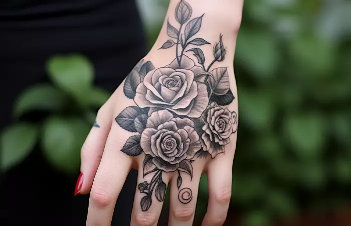 A realistic black and gray rose hand tattoo