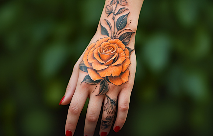 A realistic orange rose tattoo on the back of the hand