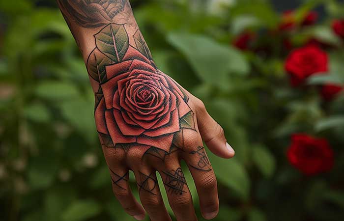 A realistic red rose hand tattoo using a warm color palette