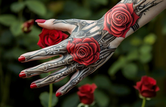 A realistic skeletal hand and red rose tattoo