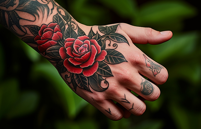 A red rose hand tattoo with rich foliage
