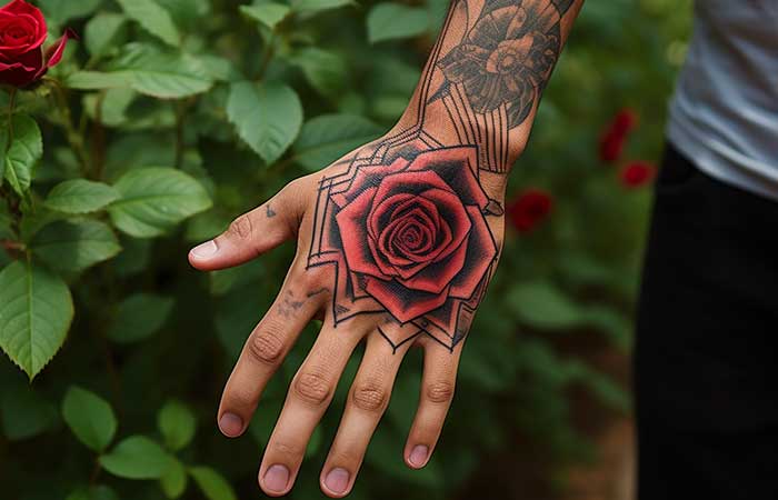 A red rose tattoo featuring a geometric frame on the back of the hand