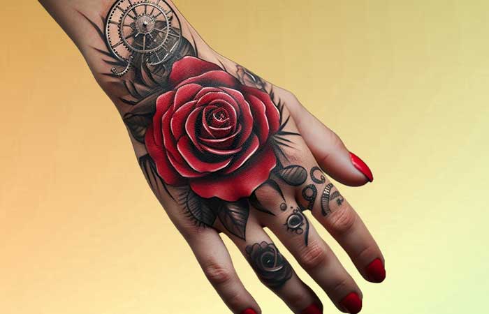 A red rose with mechanical gears tattooed on the back of the hand