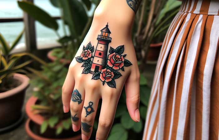 A rose and lighthouse tattoo on the back of the hand