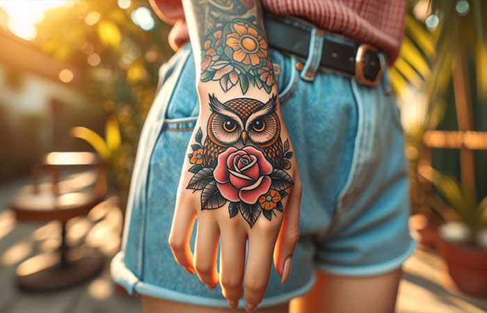 A rose and owl traditional tattoo on the back of the hand