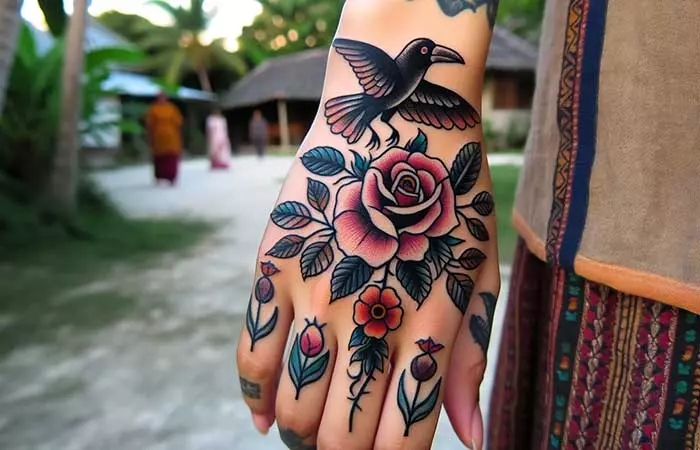 A rose and raven tattoo on the back of the hand
