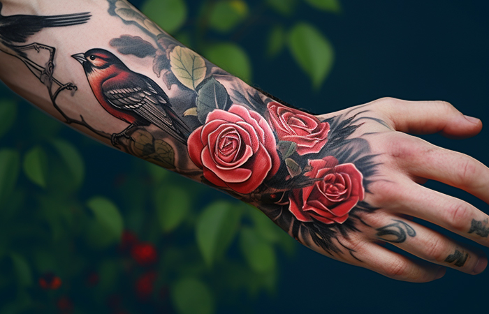 A rose hand tattoo featuring a small bird