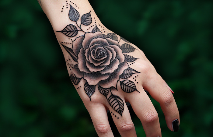 A rose hand tattoo that uses a lot of blackwork shading