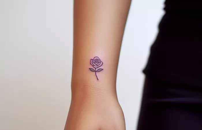 A simple and tiny purple rose tattoo on the wrist