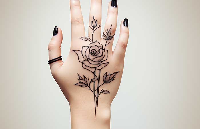 A sketch-style rose outline tattoo on the back of the hand