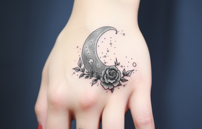 A small moon and rose tattoo on the back of the hand