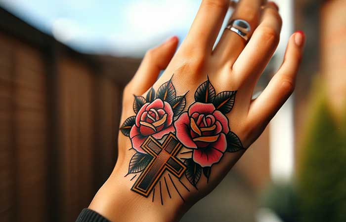 A tattoo of red roses and a cross on the back of the hand