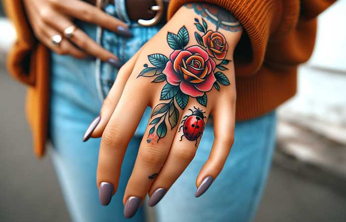 A tattoo of roses and a ladybug on the back of the hand