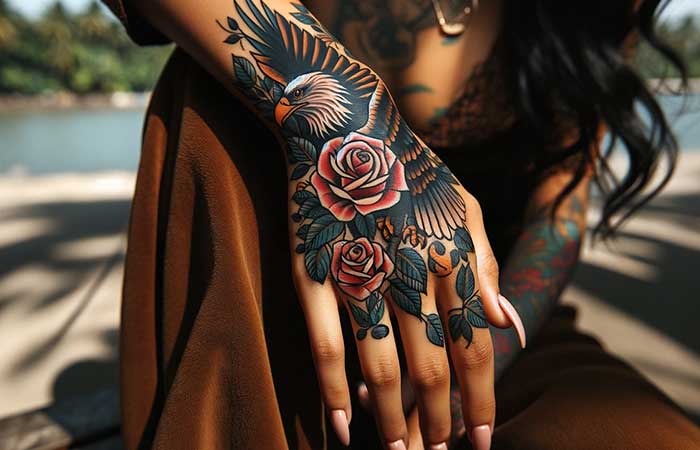 A tattoo of roses and an eagle on the back of the hand