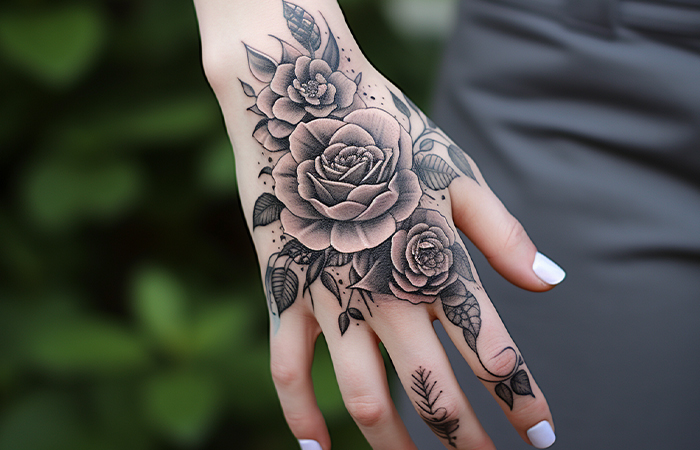 A tattoo of velvet roses and rich foliage on the back of the hand