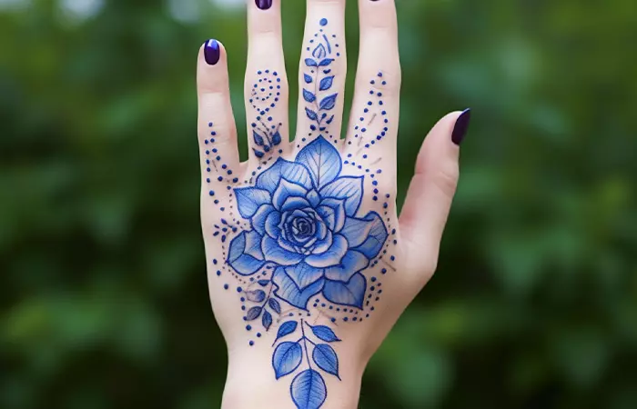 A tribal-inspired blue rose tattoo on the back of the hand
